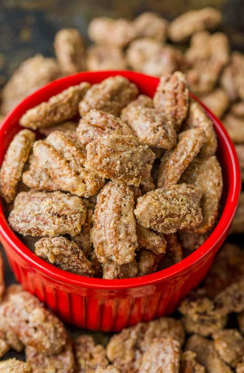 Candied Pecans in red bowl