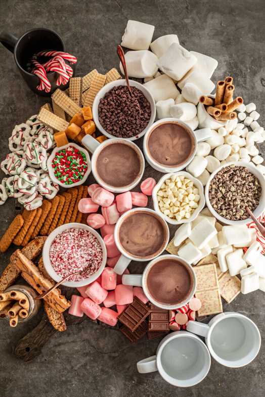A hot chocolate charcuterie board with all the best toppings.