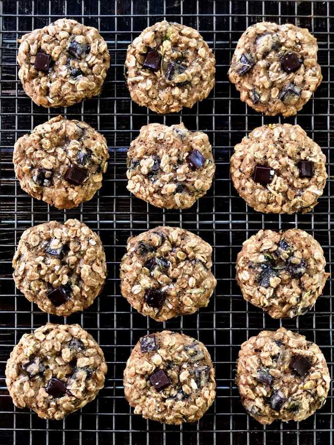 Oatmeal Zucchini Cookies with chocolate chips on cooling rack