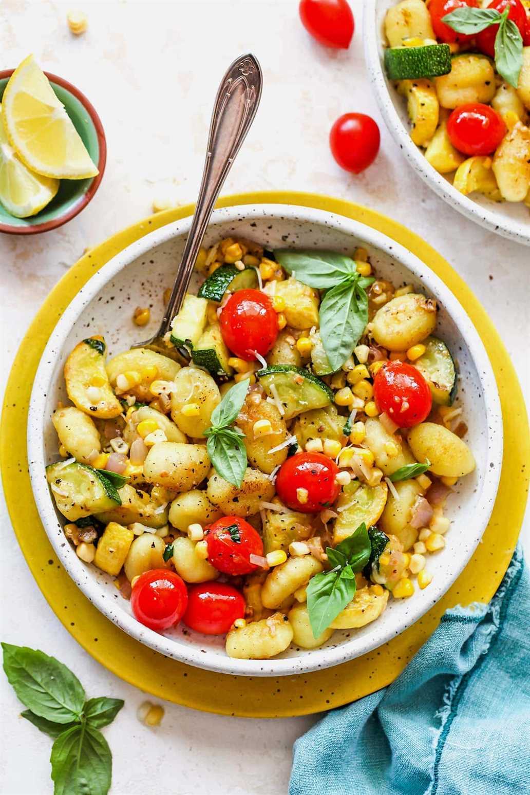 Butter Parmesan Gnocchi with squash, corn, and tomatoes in bowl with spoon