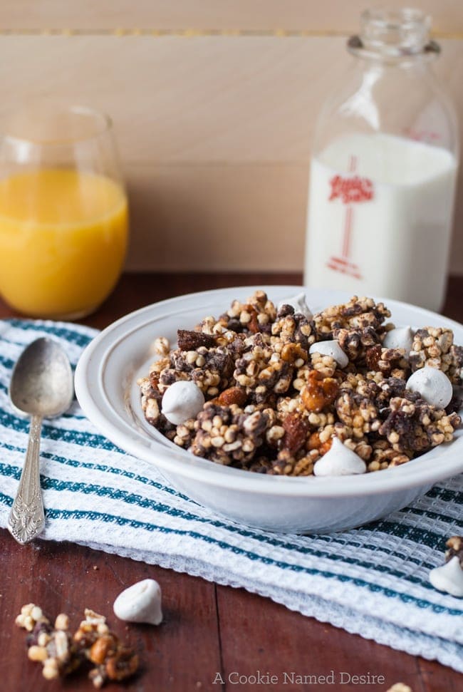 A ridiculously delicious chocolate nut cereal with candied chestnuts and marshmallowy meringue kisses