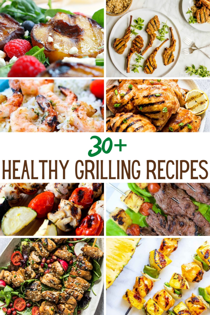 Collage de ideas de recetas saludables para asar a la parrilla